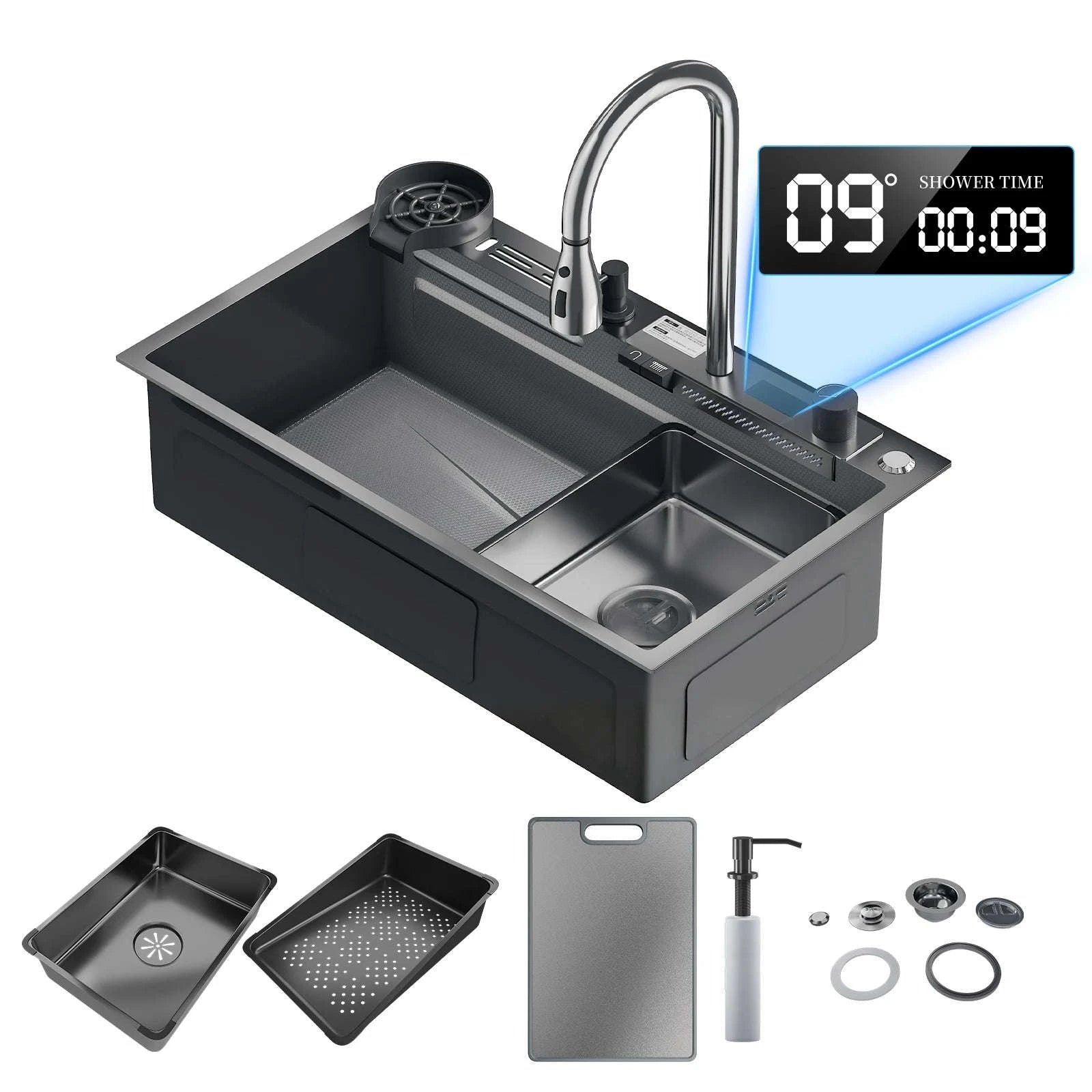 304 Stainless Steel Waterfall Kitchen Sink with Digital Display Faucet Set-Black 75x45 / france