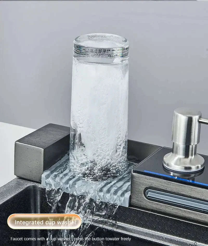 304 Stainless Steel Waterfall Kitchen Sink with Digital Display Faucet Set-Black 75x45 / france
