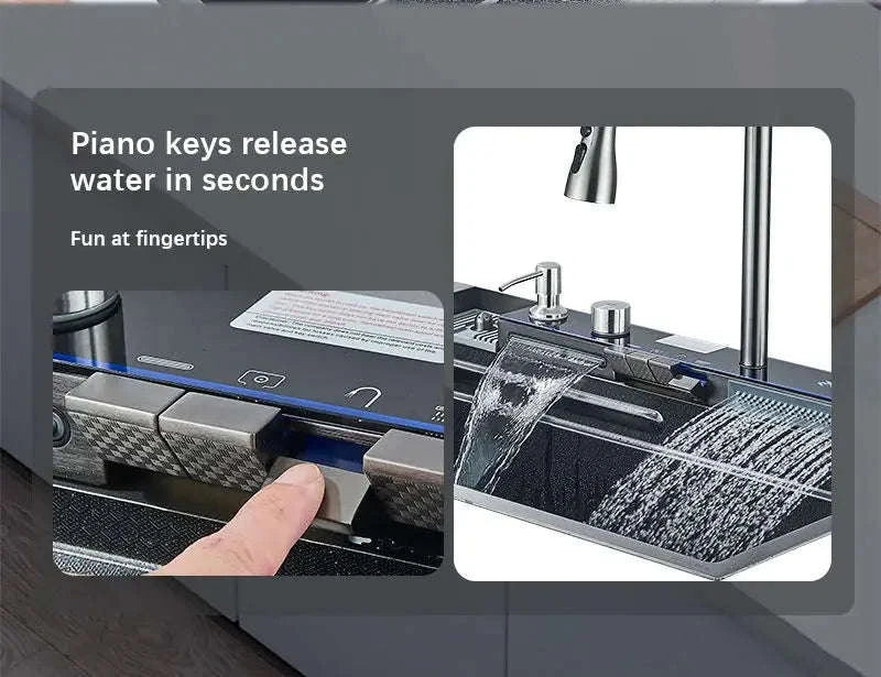 304 Stainless Steel Waterfall Kitchen Sink with Digital Display Faucet Set-Black 75x45 / france