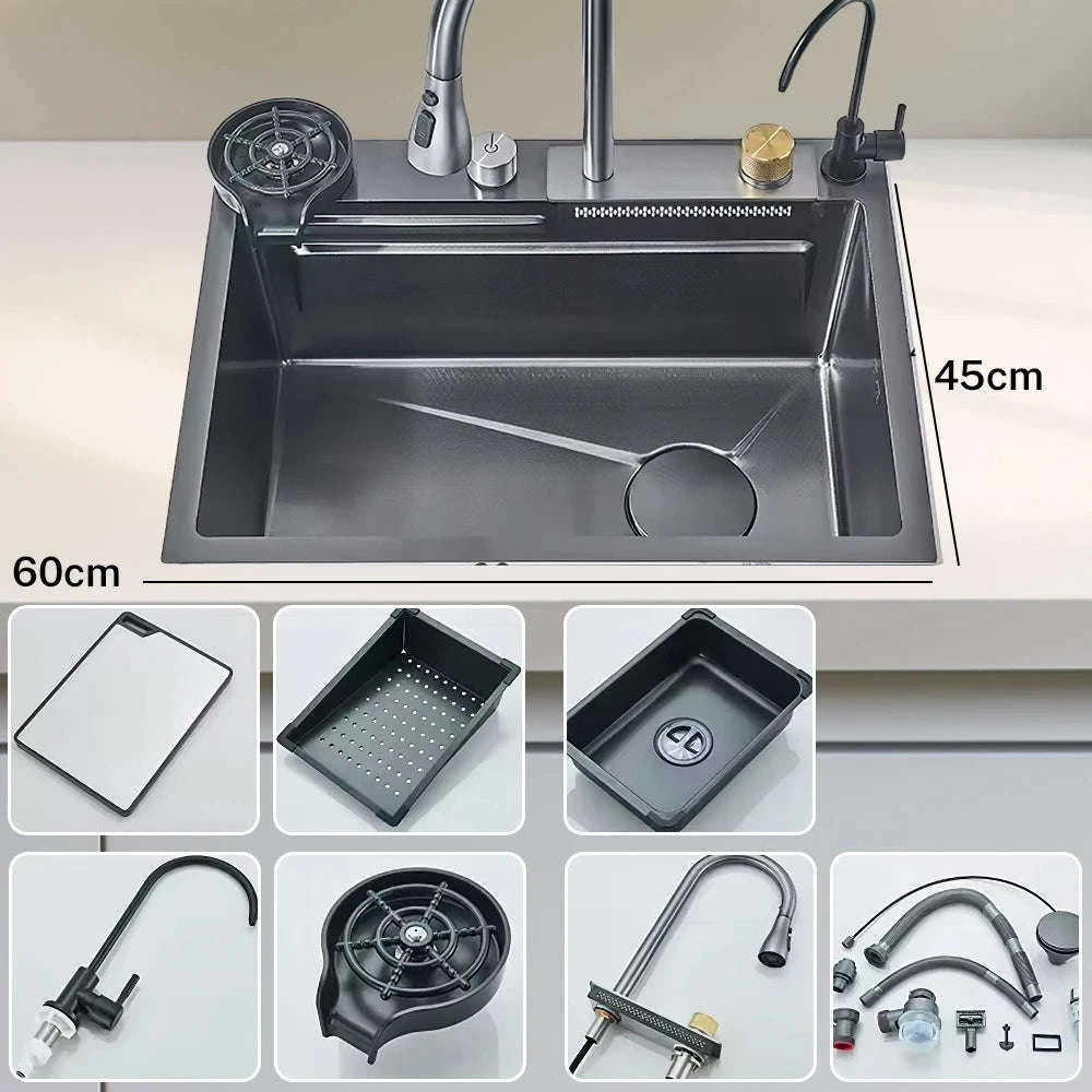 304 Stainless Steel Waterfall Kitchen Sink with Digital Display Faucet Set-Black 75x45 / france