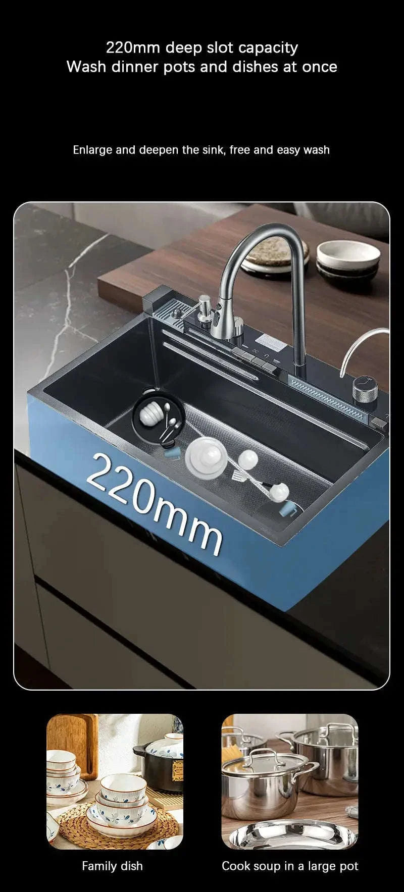 304 Stainless Steel Waterfall Kitchen Sink with Digital Display Faucet Set-Black 75x45 / france