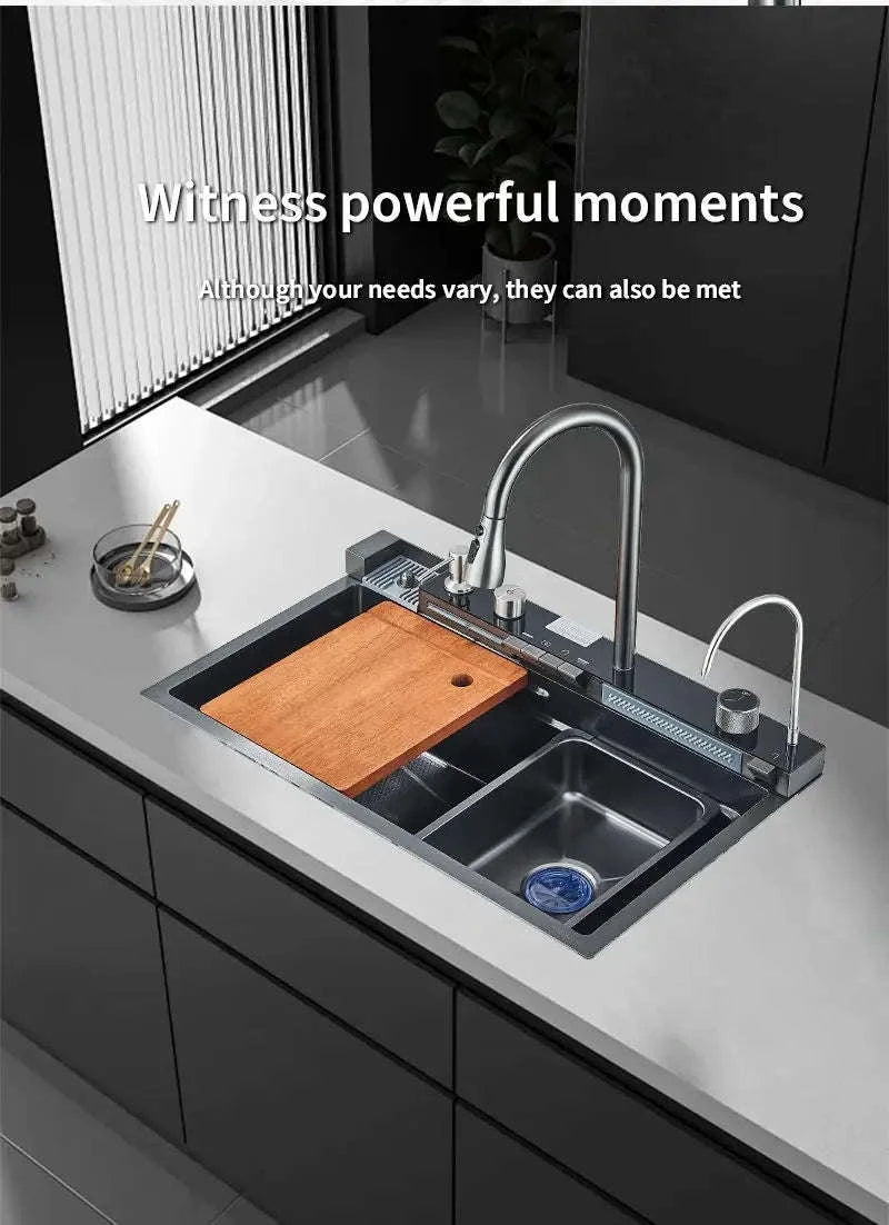 304 Stainless Steel Waterfall Kitchen Sink with Digital Display Faucet Set-Black 75x45 / france