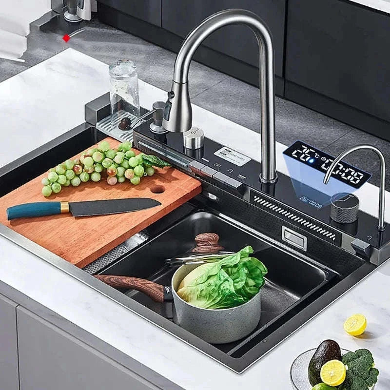 304 Stainless Steel Waterfall Kitchen Sink with Digital Display Faucet Set-Black 75x45 / france