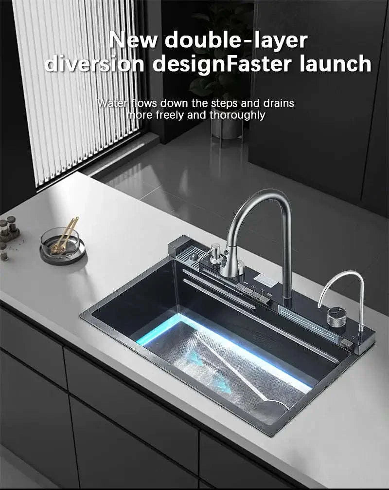 304 Stainless Steel Waterfall Kitchen Sink with Digital Display Faucet Set-Black 75x45 / france