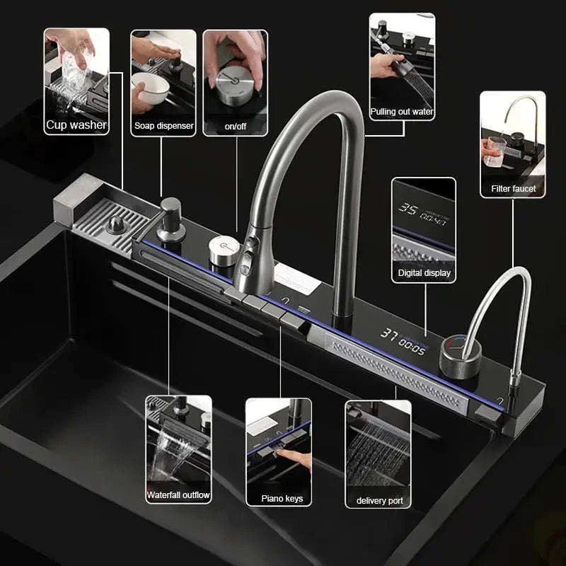 304 Stainless Steel Waterfall Kitchen Sink with Digital Display Faucet Set-Black 75x45 / france