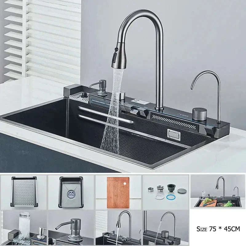304 Stainless Steel Waterfall Kitchen Sink with Digital Display Faucet Set-Black 75x45 / france