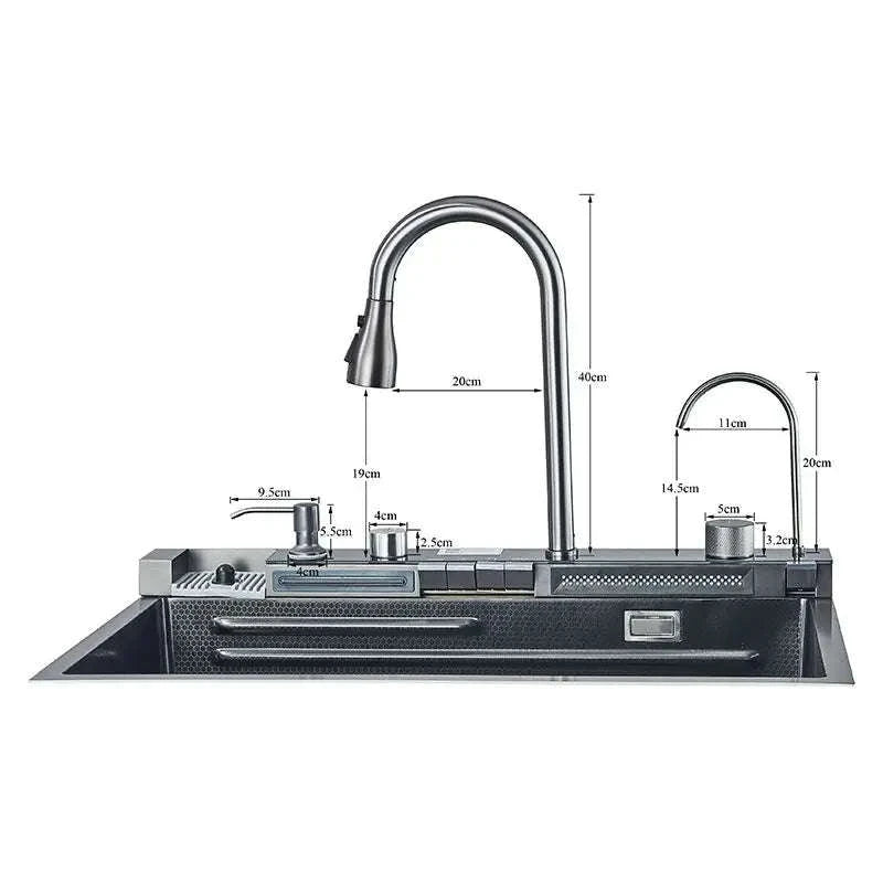 304 Stainless Steel Waterfall Kitchen Sink with Digital Display Faucet Set-Black 75x45 / france