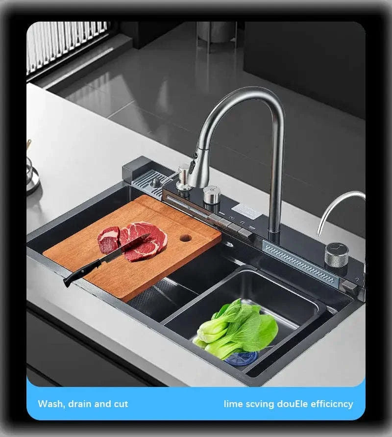 304 Stainless Steel Waterfall Kitchen Sink with Digital Display Faucet Set-Black 75x45 / france
