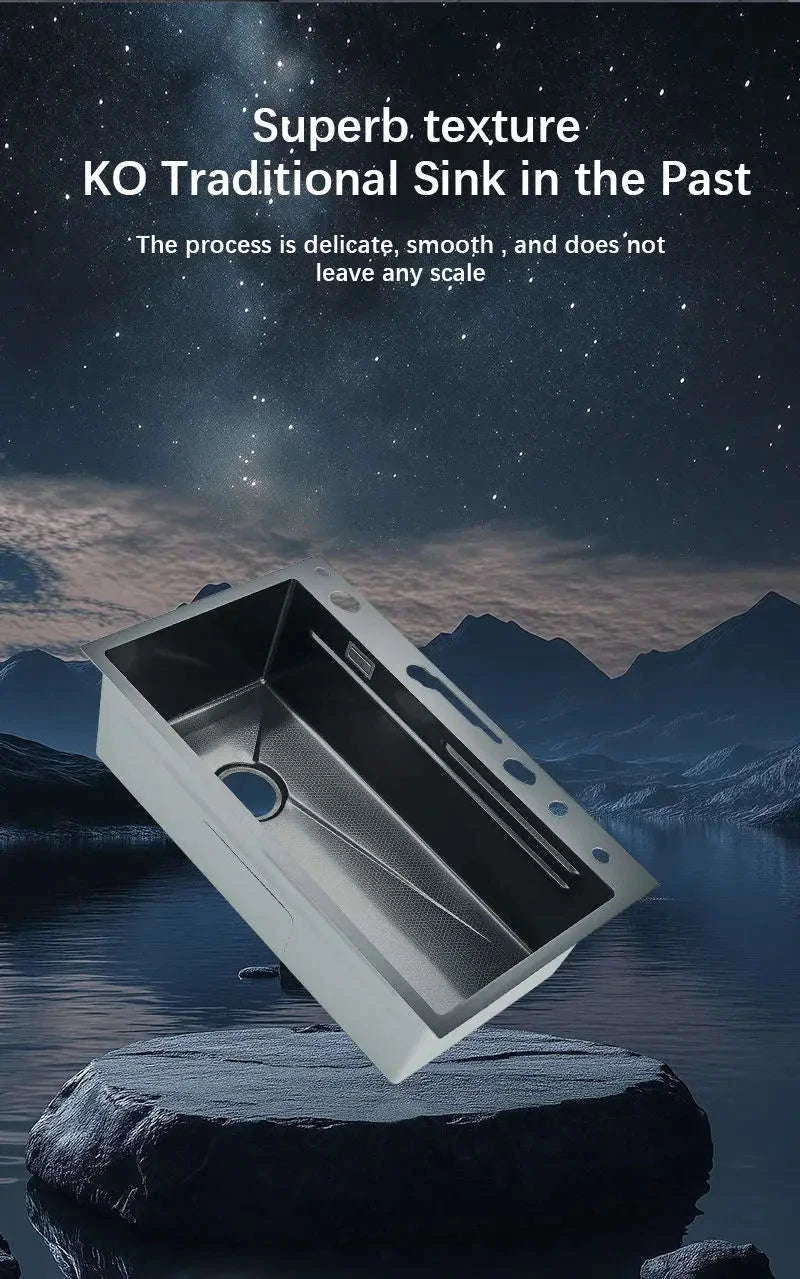 304 Stainless Steel Waterfall Kitchen Sink with Digital Display Faucet Set-Black 75x45 / france