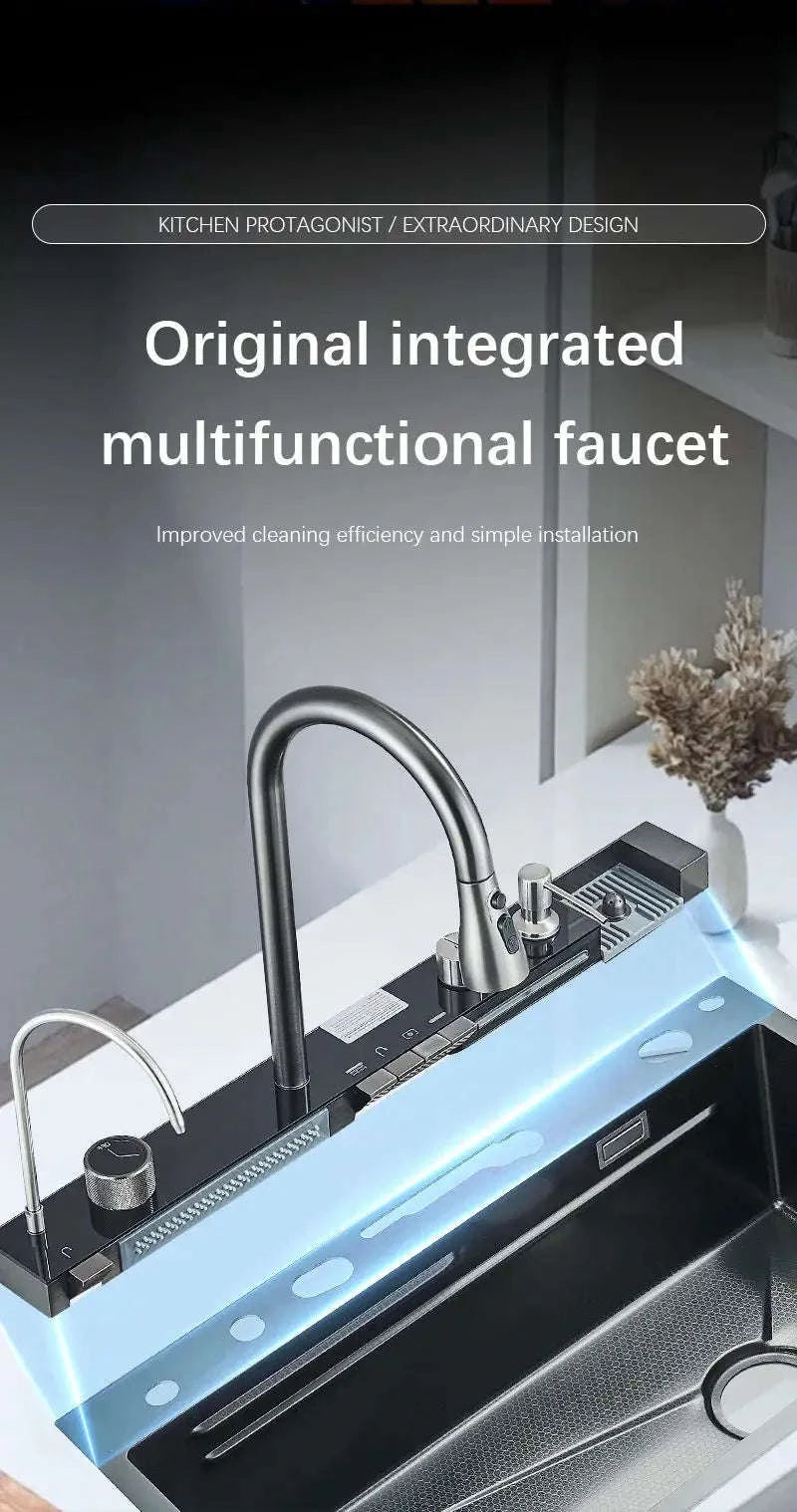304 Stainless Steel Waterfall Kitchen Sink with Digital Display Faucet Set-Black 75x45 / france