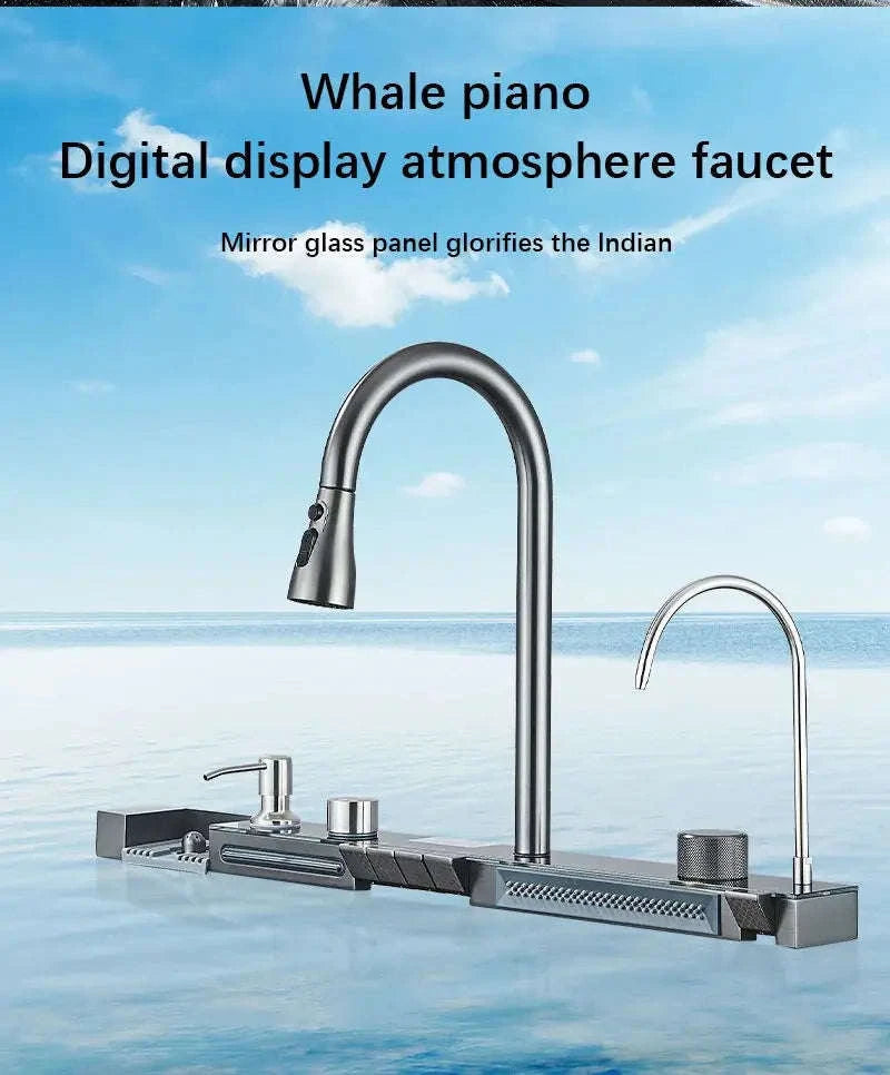 304 Stainless Steel Waterfall Kitchen Sink with Digital Display Faucet Set-Black 75x45 / france