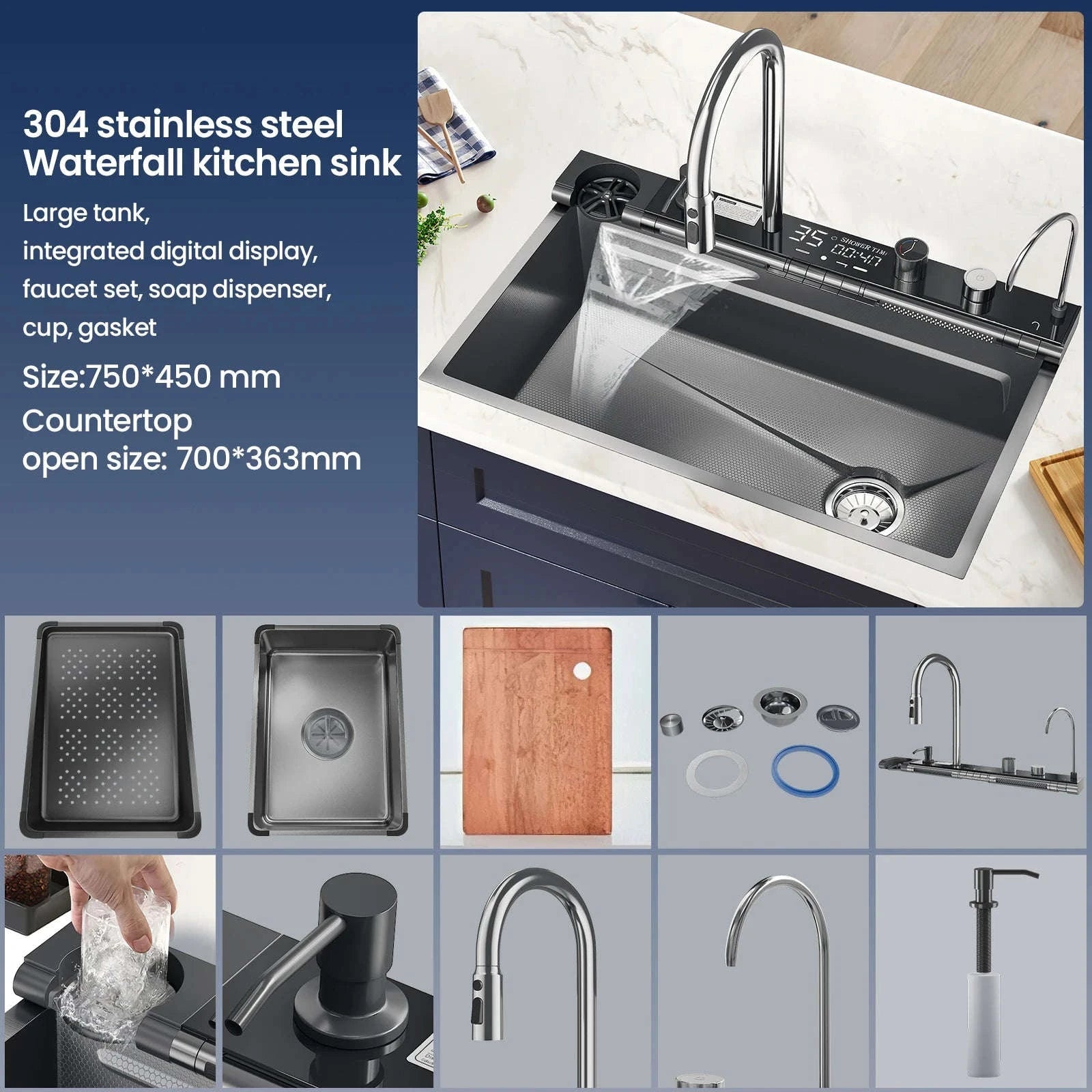 304 Stainless Steel Waterfall Kitchen Sink with Digital Display Faucet Set-Black 75x45 / france