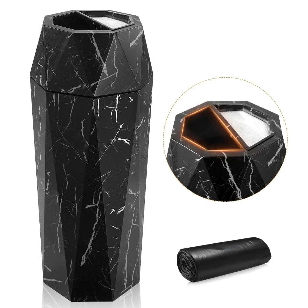 30L Diamond Style Stainless Steel Trash Can with Ashtray Lid-Black Imitation Marb / 300x300x700mm / United States
