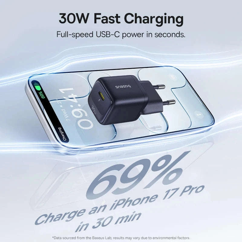 30W GaN USB-C Fast Charger PD 3.0 for iPhone & Tablets-EU Plug Black