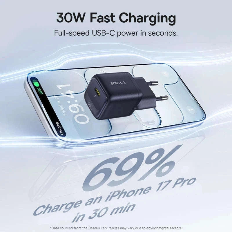 30W GaN USB-C Fast Charger PD 3.0 for iPhone & Tablets-EU Plug White