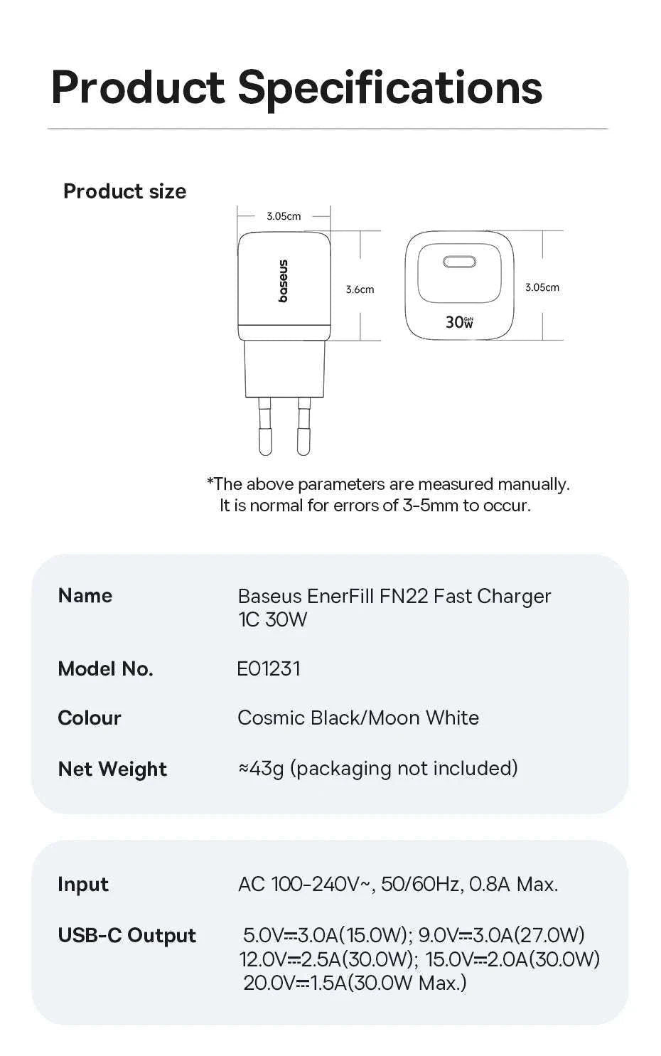30W GaN USB-C Fast Charger PD 3.0 for iPhone & Tablets-EU Plug White
