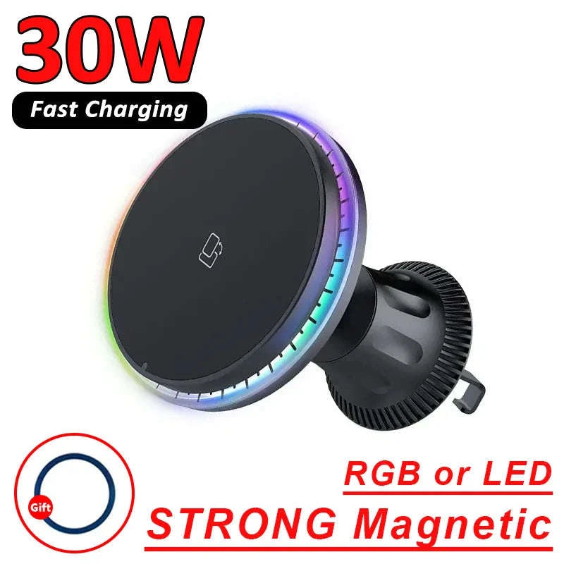 30W Magnetic Car Wireless Charger with RGB Lighting-RGB With Cable