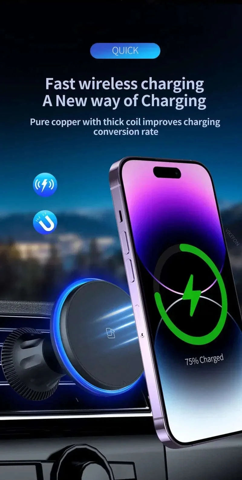 30W Magnetic Car Wireless Charger with RGB Lighting-RGB With Cable