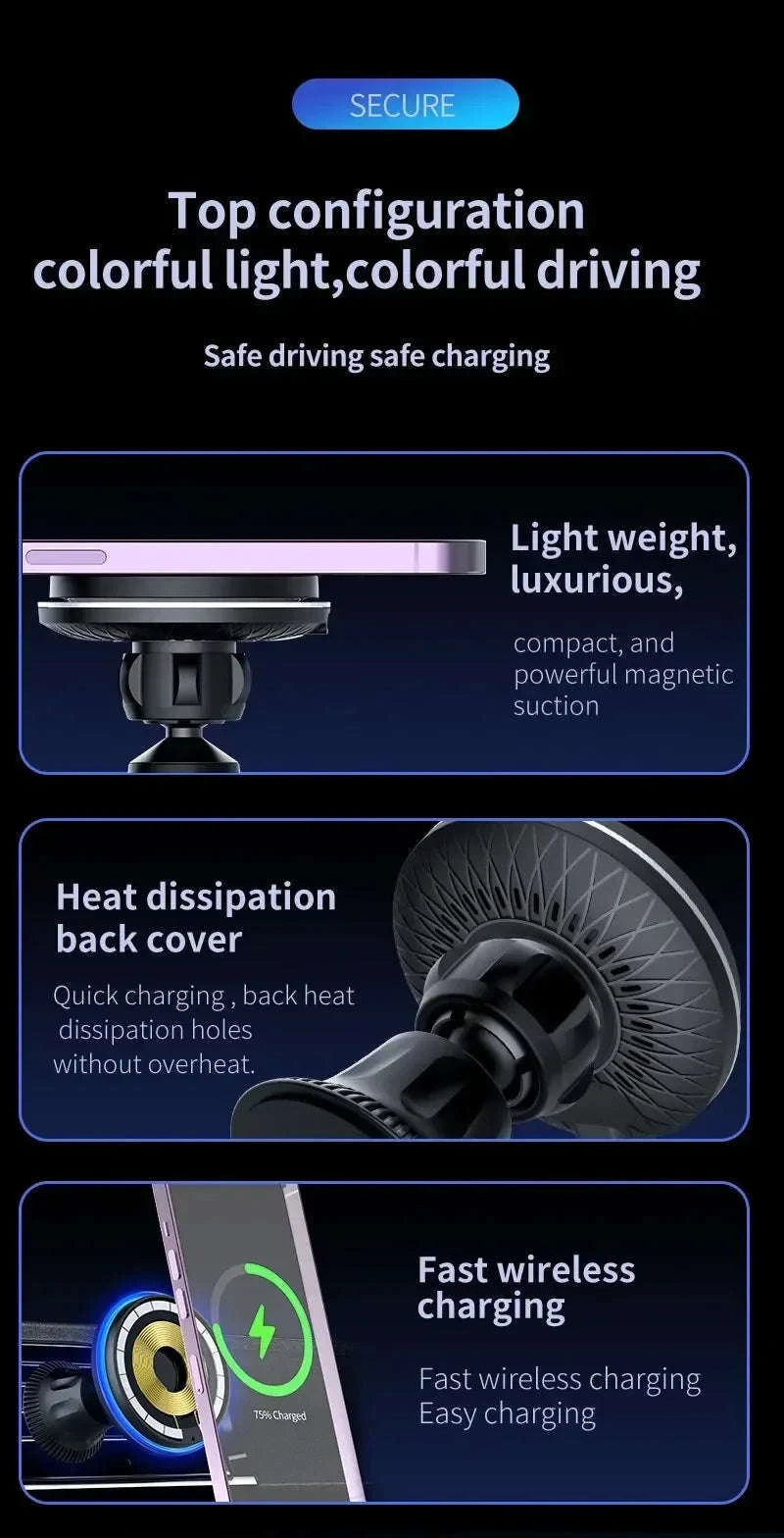 30W Magnetic Car Wireless Charger with RGB Lighting-RGB With Cable