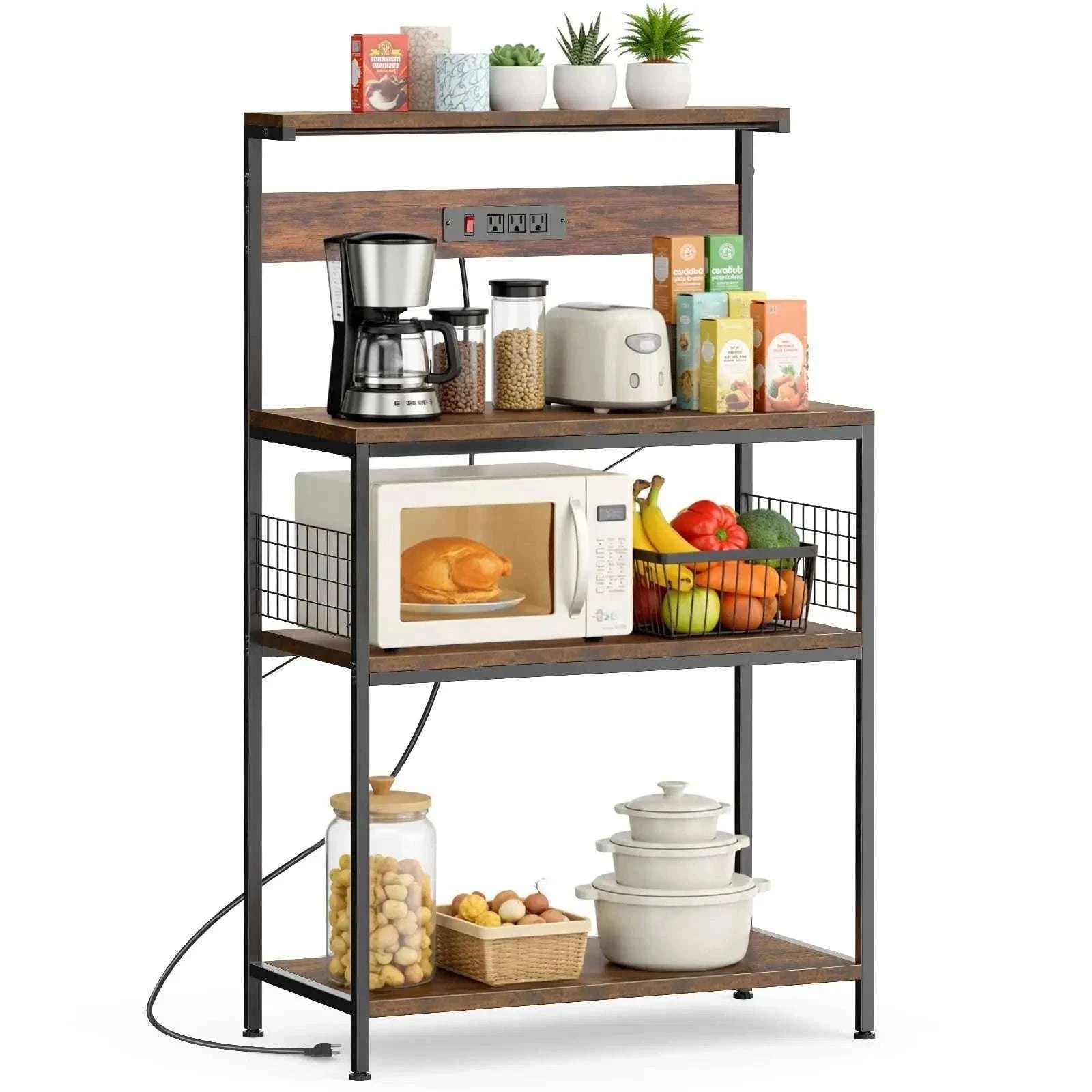 31.5" Kitchen Bakers Rack with Power Outlet & 4-Tier Storage-31.5IN RUST / United States