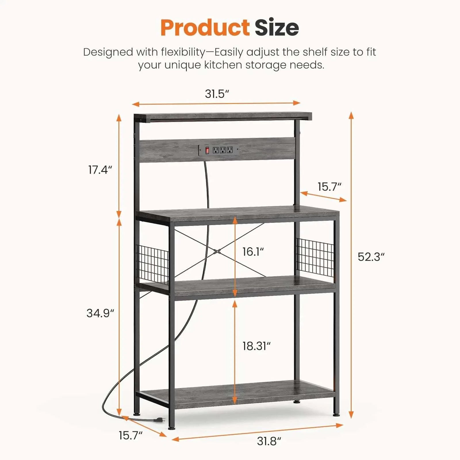 31.5" Kitchen Bakers Rack with Power Outlet & 4-Tier Storage-31.5IN RUST / United States