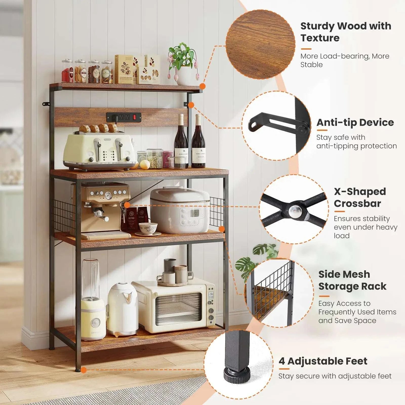 31.5" Kitchen Bakers Rack with Power Outlet & 4-Tier Storage-31.5IN RUST / United States
