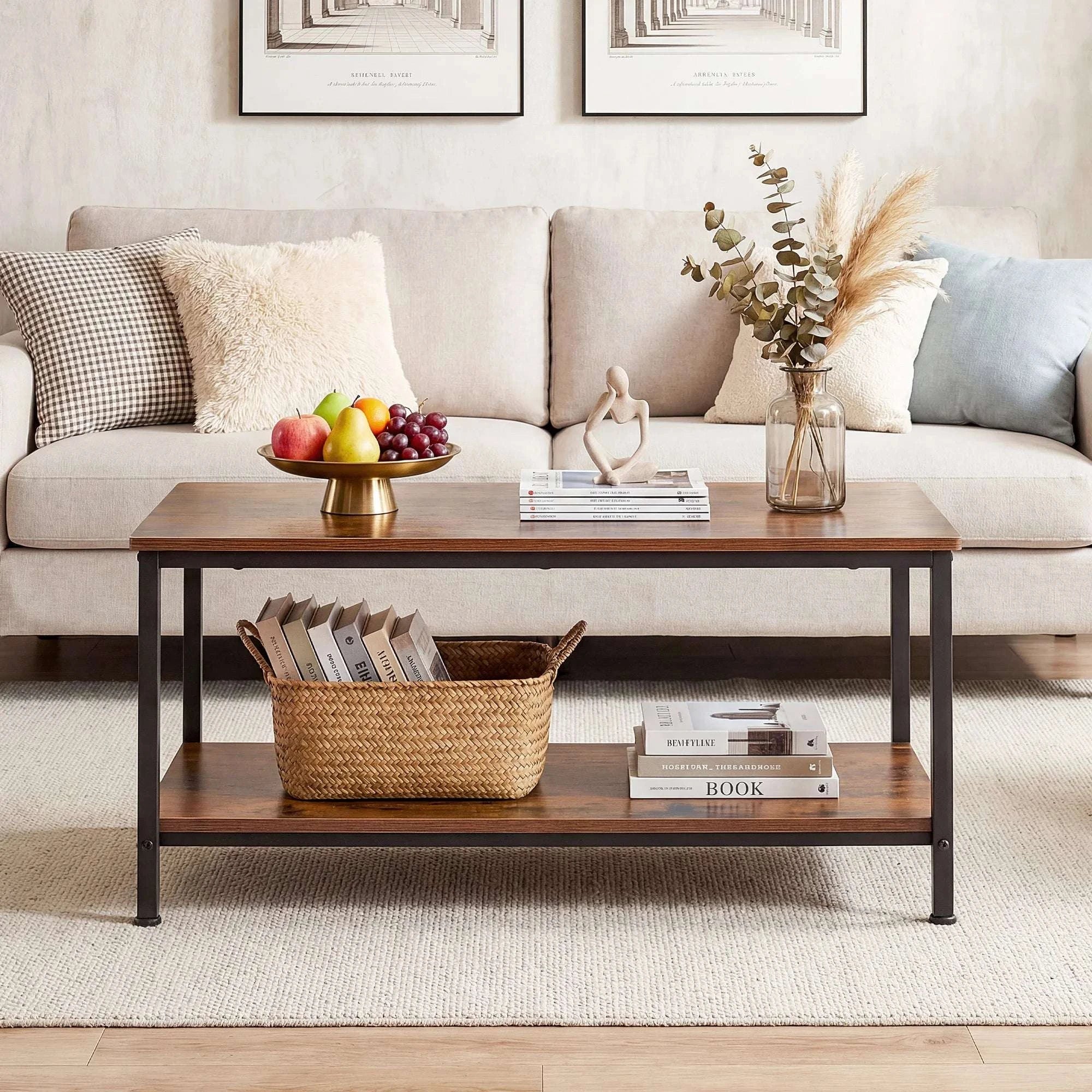 31" Wood Coffee Table with 2-Tier Storage Shelf for Living Room-Brown / United States
