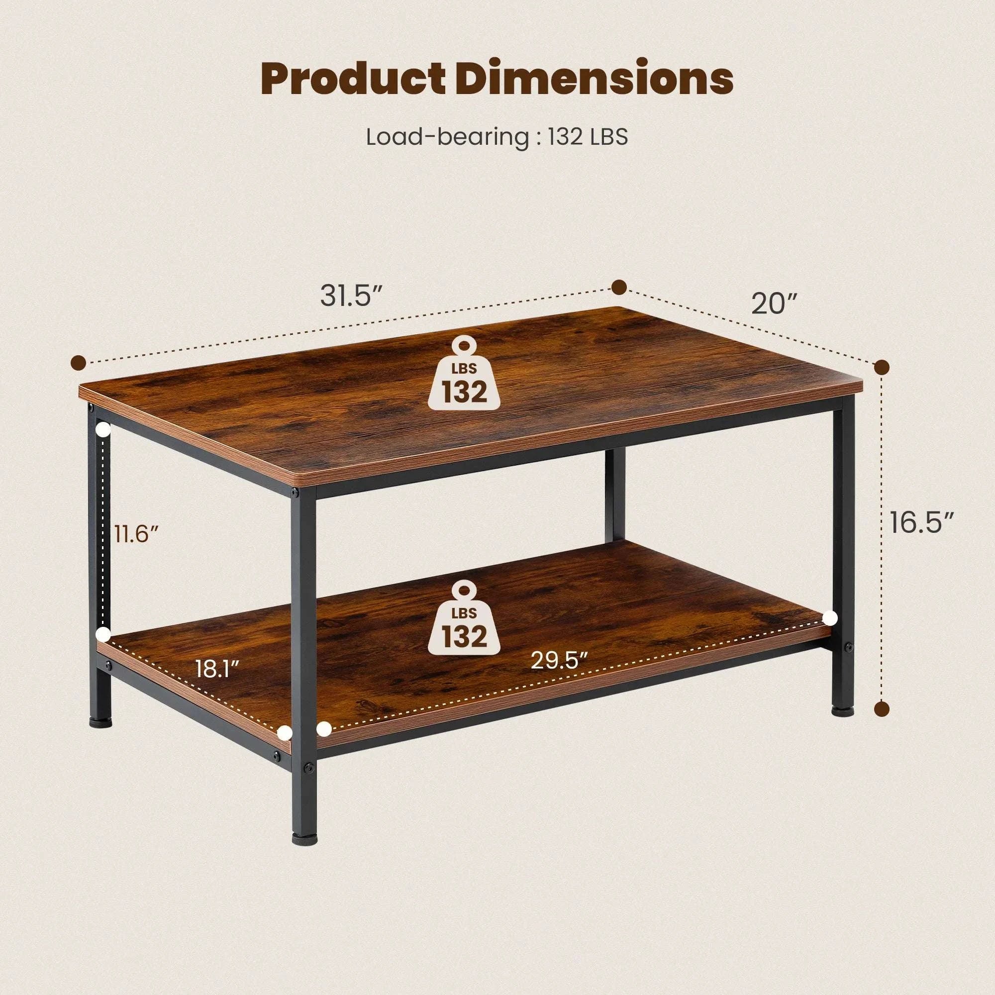 31" Wood Coffee Table with 2-Tier Storage Shelf for Living Room-Brown / United States