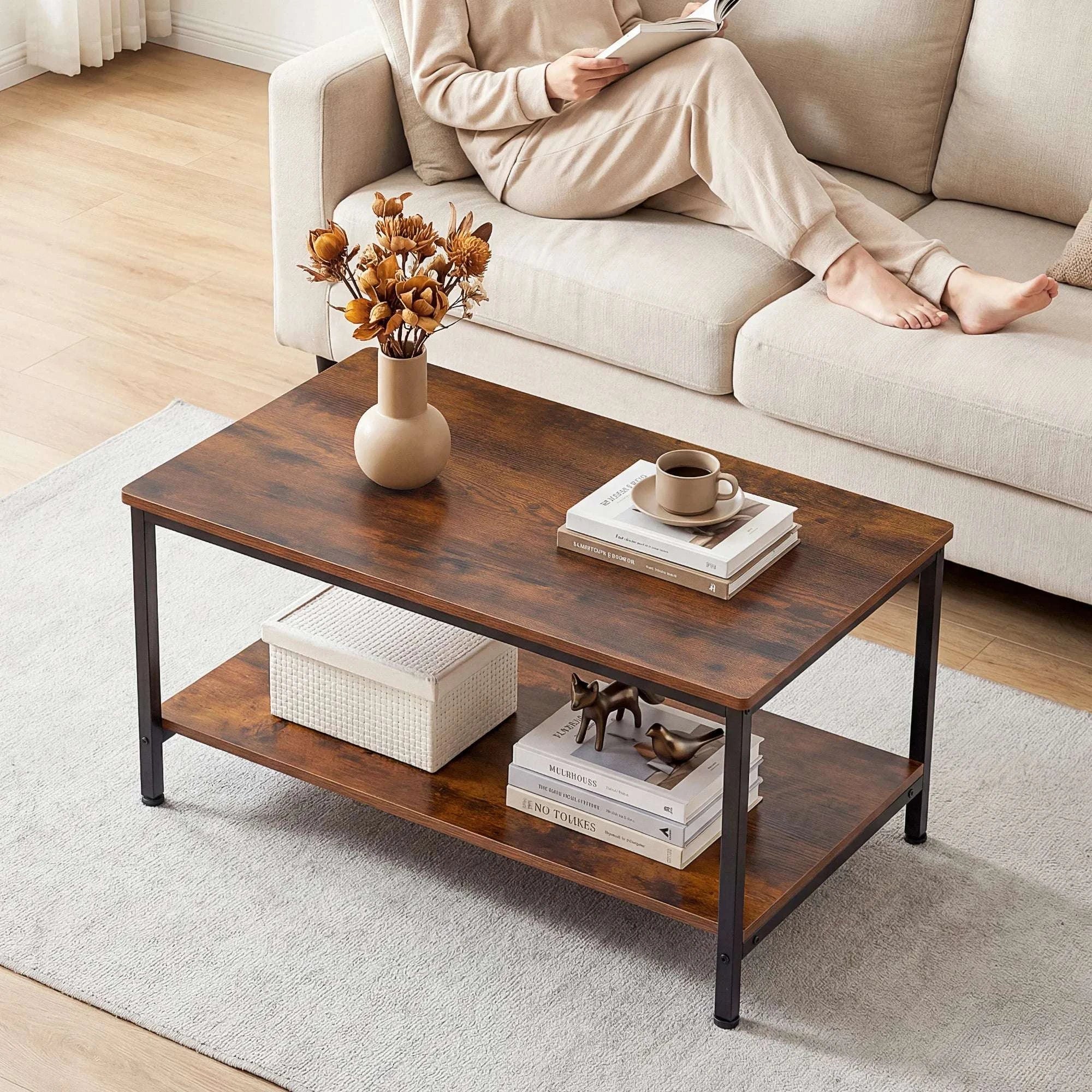 31" Wood Coffee Table with 2-Tier Storage Shelf for Living Room-Brown / United States