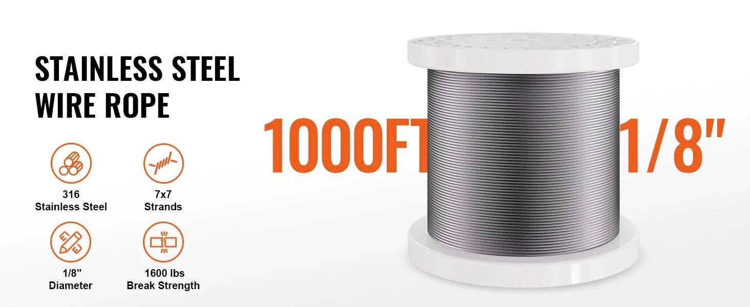 316 Stainless Steel Wire Rope Kit 1/8" 7x7 Cable 600–1000ft-600ft / United States