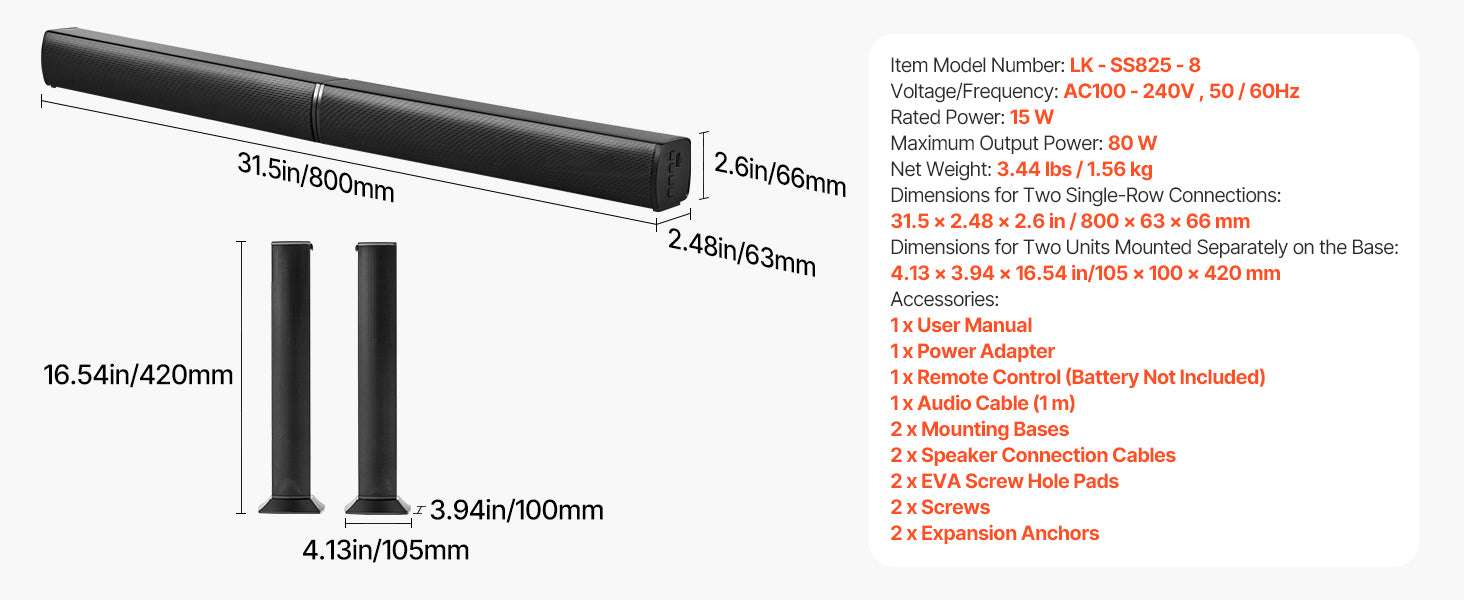 32-Inch Detachable Soundbar 80W Bluetooth TV Speaker System-80W / United States