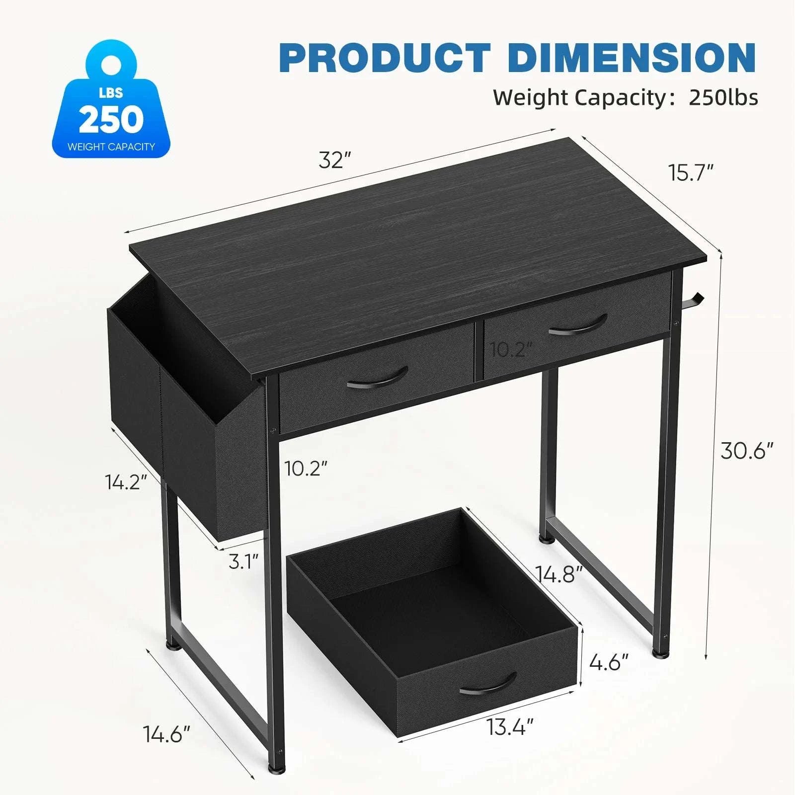 32 Inch Modern Office Desk with Drawers and Side Storage Bag-Brown / United States