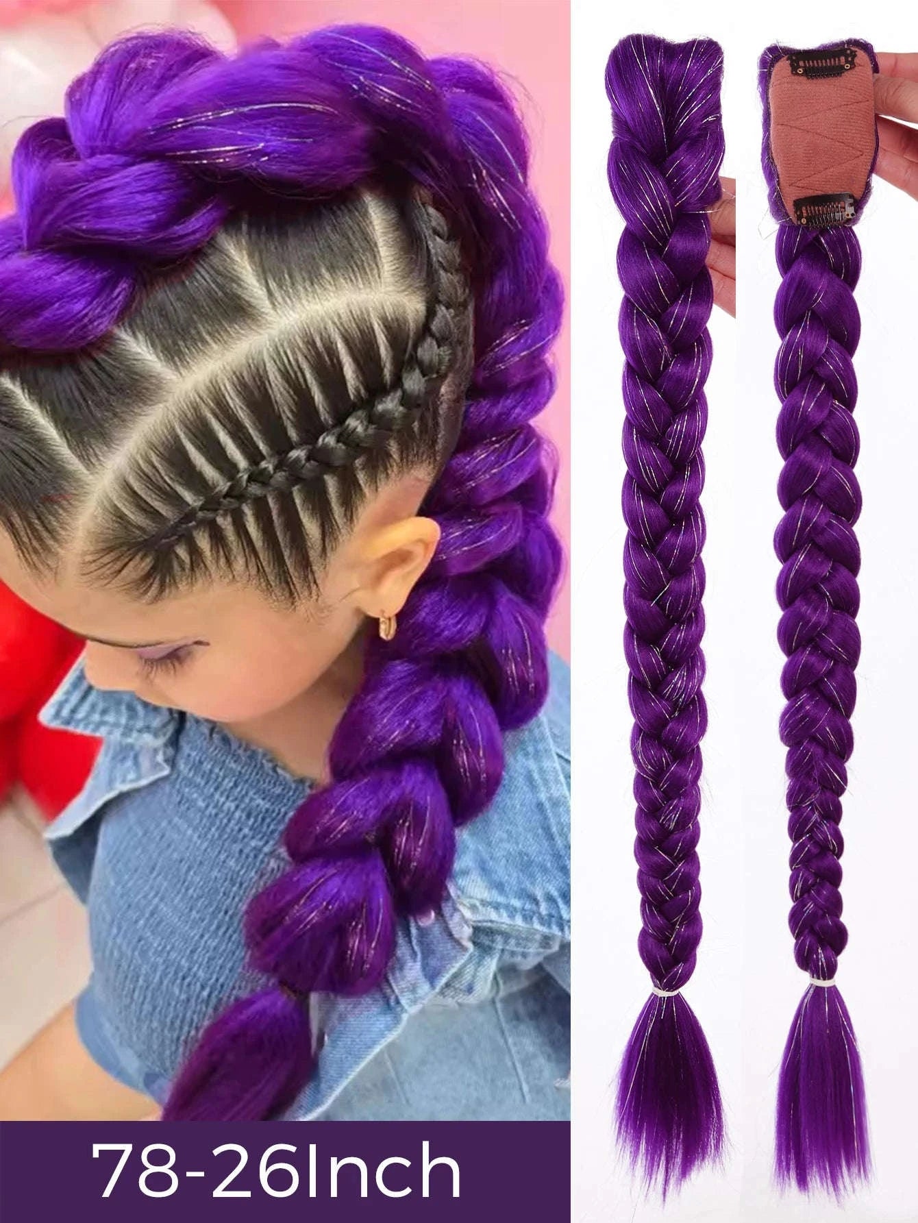 32-inch Purple Braided Ponytail with Shiny Tinsel Hair Extensions-PY716-32-PUR