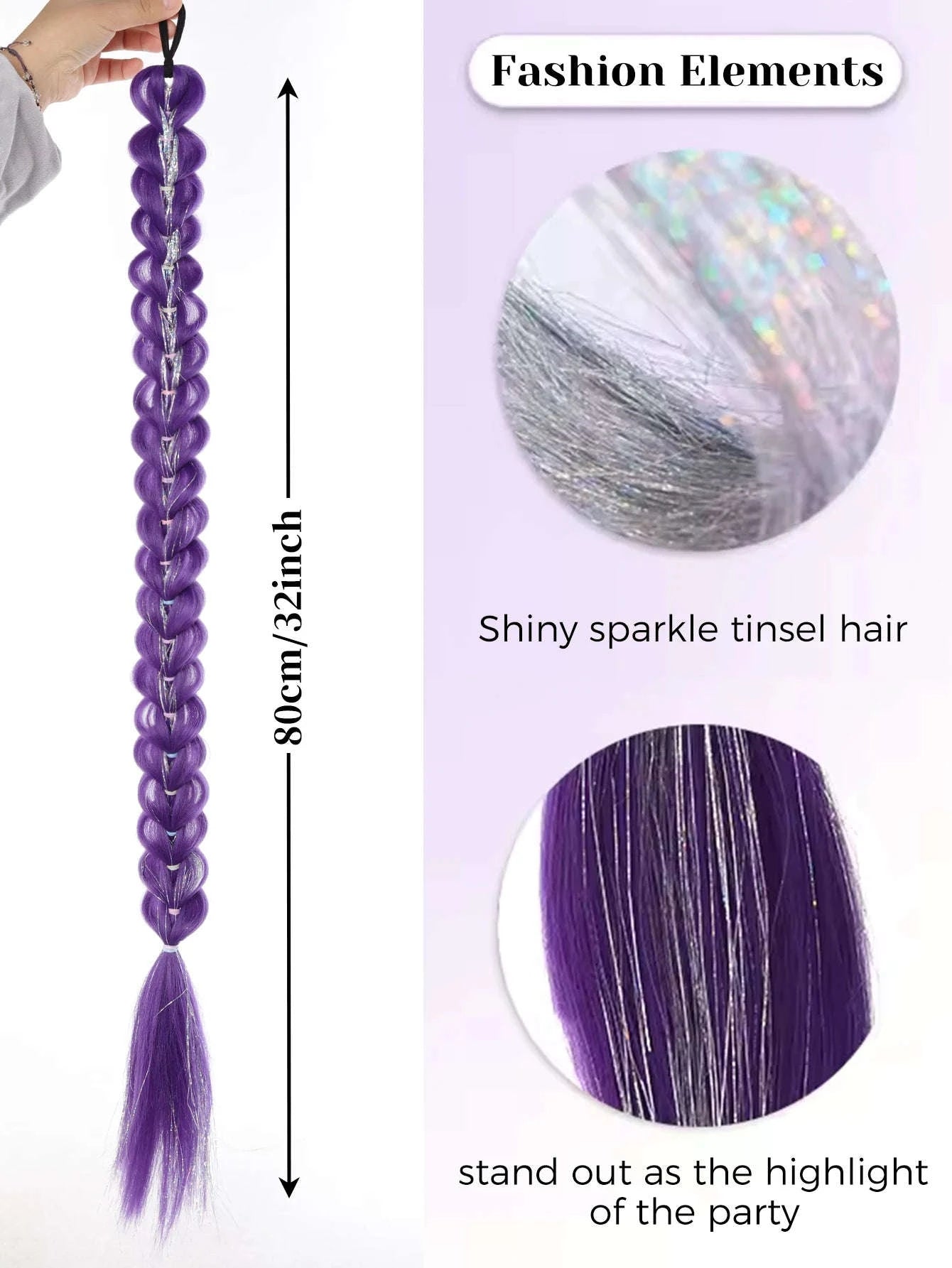 32-inch Purple Braided Ponytail with Shiny Tinsel Hair Extensions-PY716-32-PUR