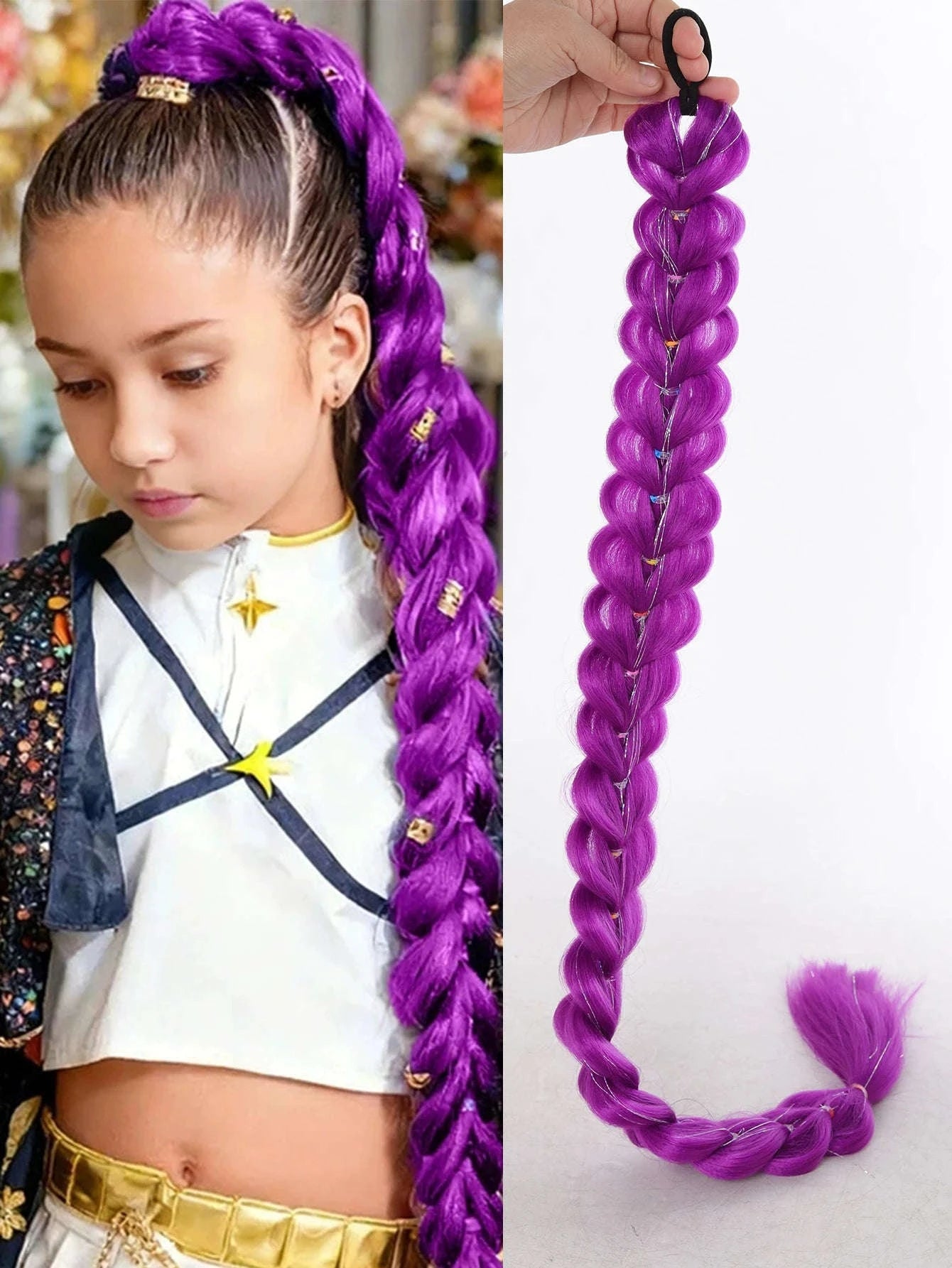 32-inch Purple Braided Ponytail with Shiny Tinsel Hair Extensions-PY716-32-PUR