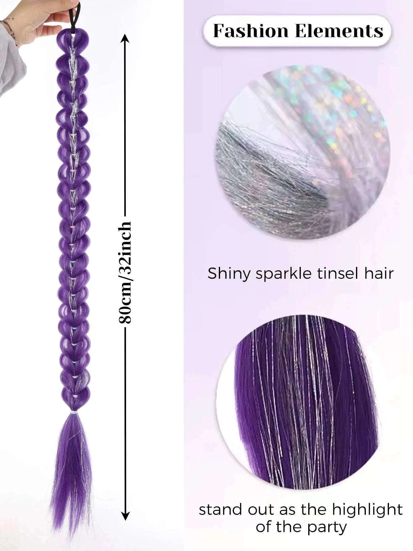 32-Inch Purple Braided Ponytail with Shiny Tinsel-PY716-32-PUR