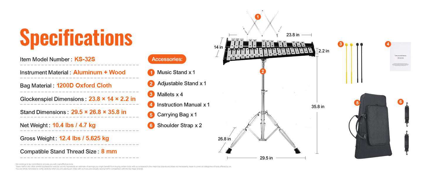 32 Note Glockenspiel Xylophone Kit with Stand, Mallets & Bag-Without Stand Pad / United States