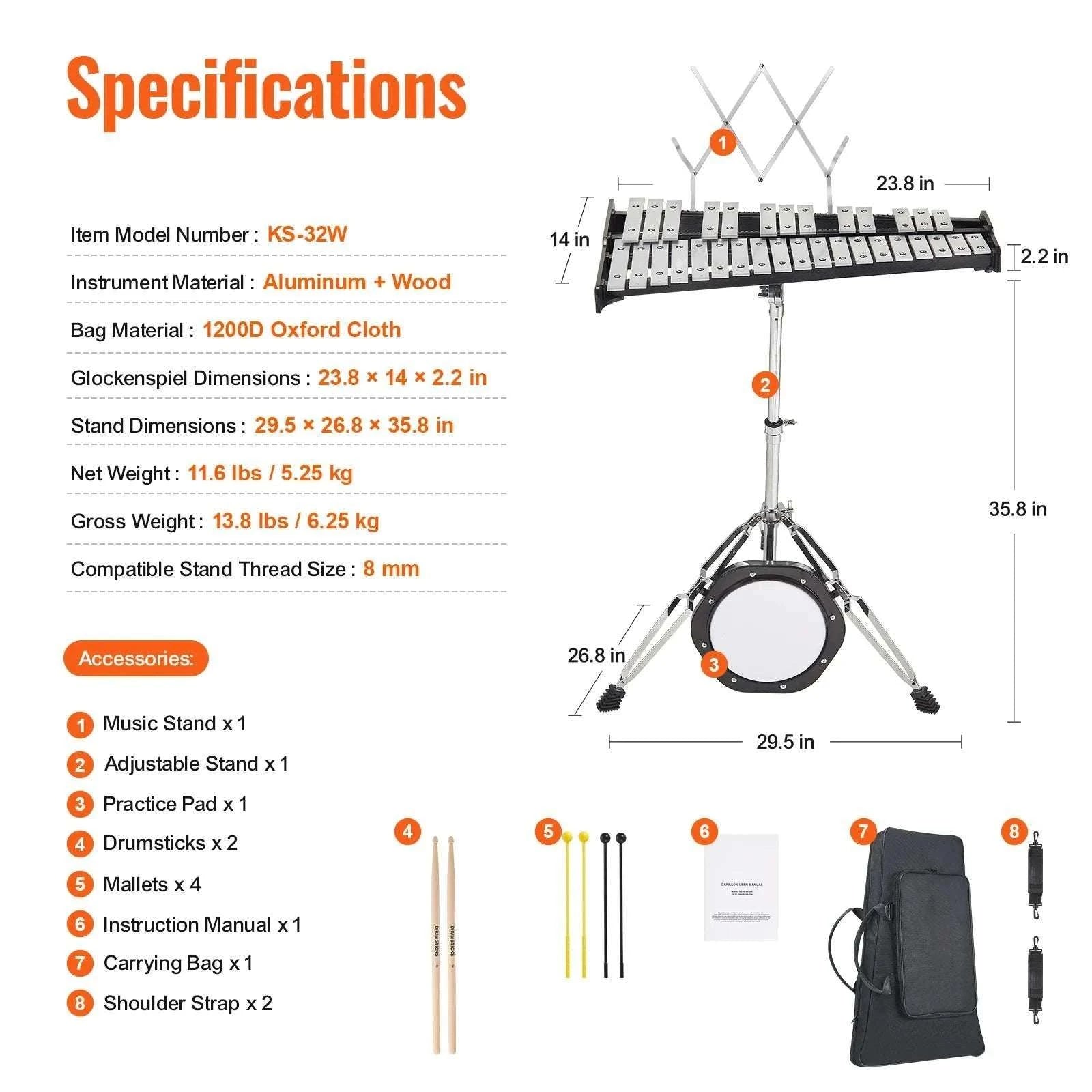 32 Note Glockenspiel Xylophone Kit with Stand, Mallets & Bag-Without Stand Pad / United States