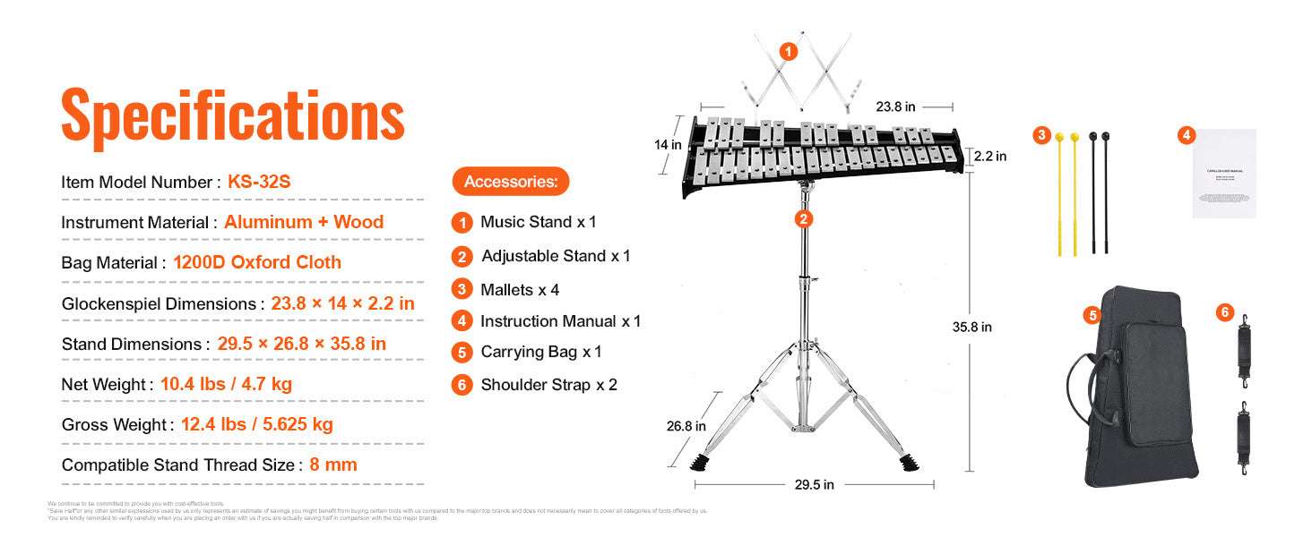 32 Note Glockenspiel Xylophone Kit with Stand, Mallets & Bag-Without Stand Pad / United States