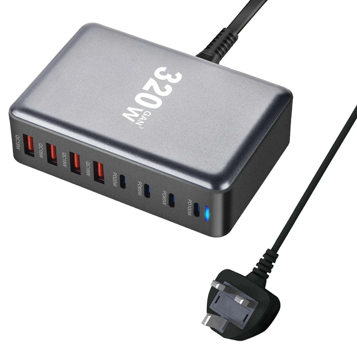 320W GaN Desktop Charger with 8-Port USB-C Power Delivery-UK
