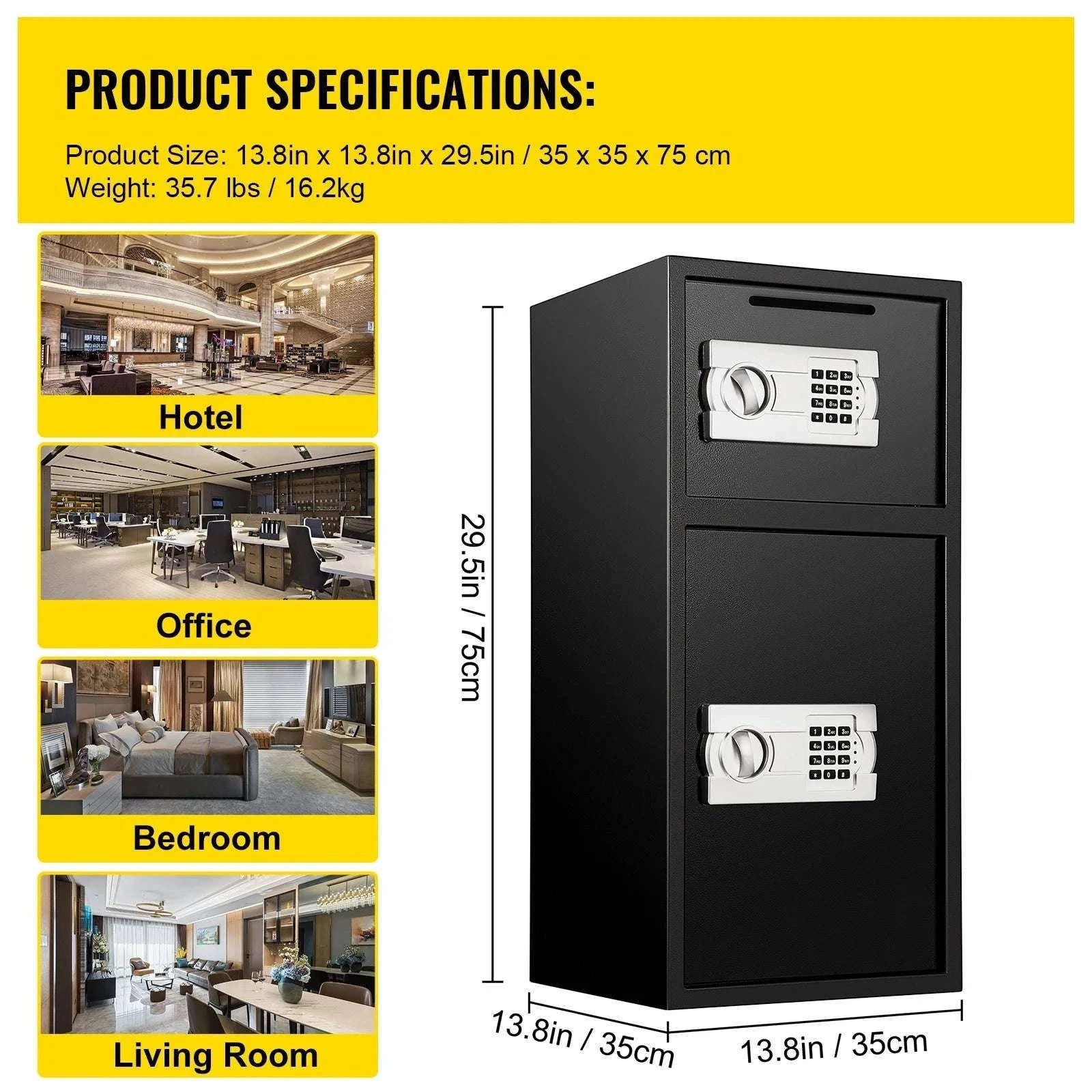 33" Double Door Steel Safe with Digital Lock & Hidden Storage-Black / United States