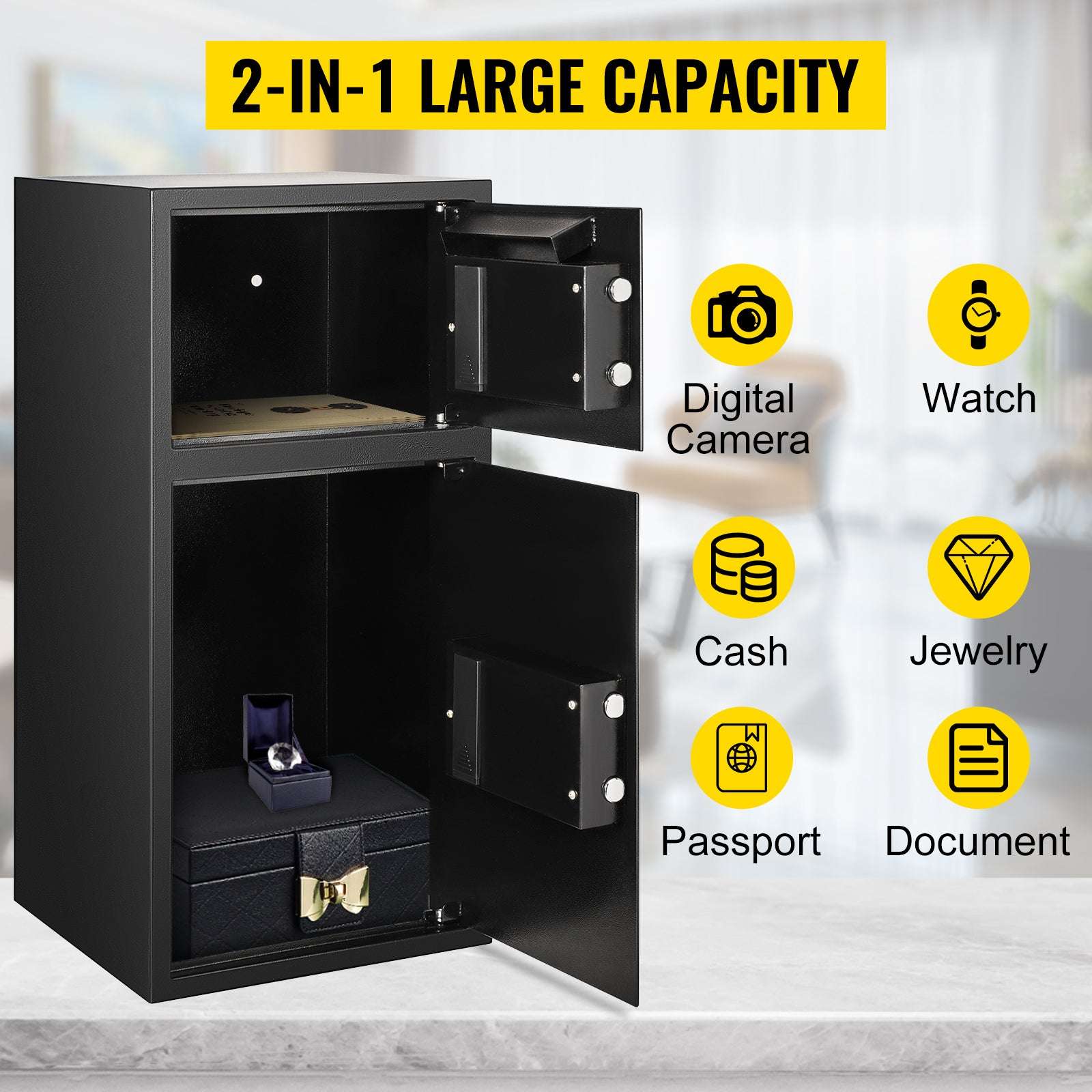 33" Double Door Steel Safe with Digital Lock & Hidden Storage-Black / United States
