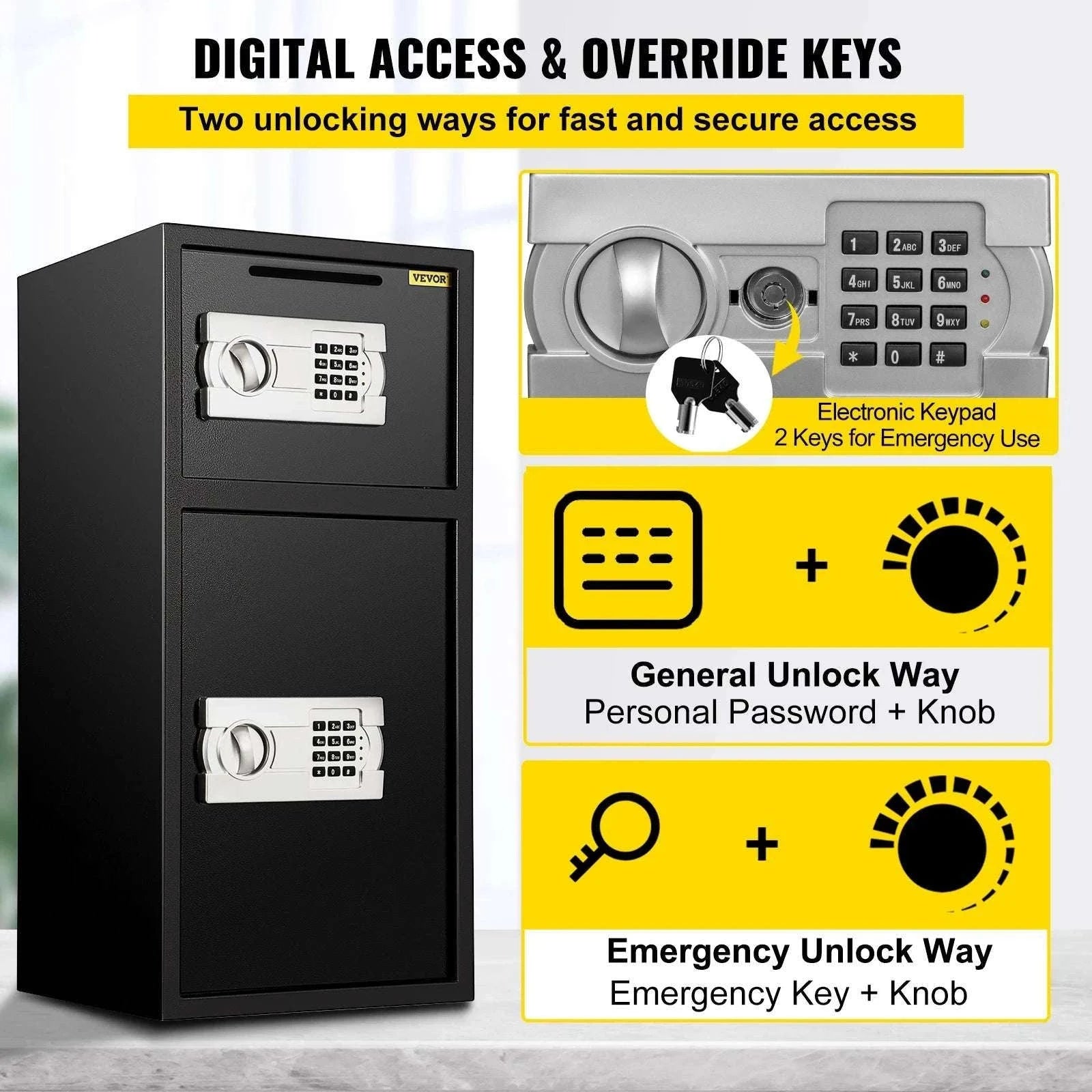 33" Double Door Steel Safe with Digital Lock & Hidden Storage-Black / United States