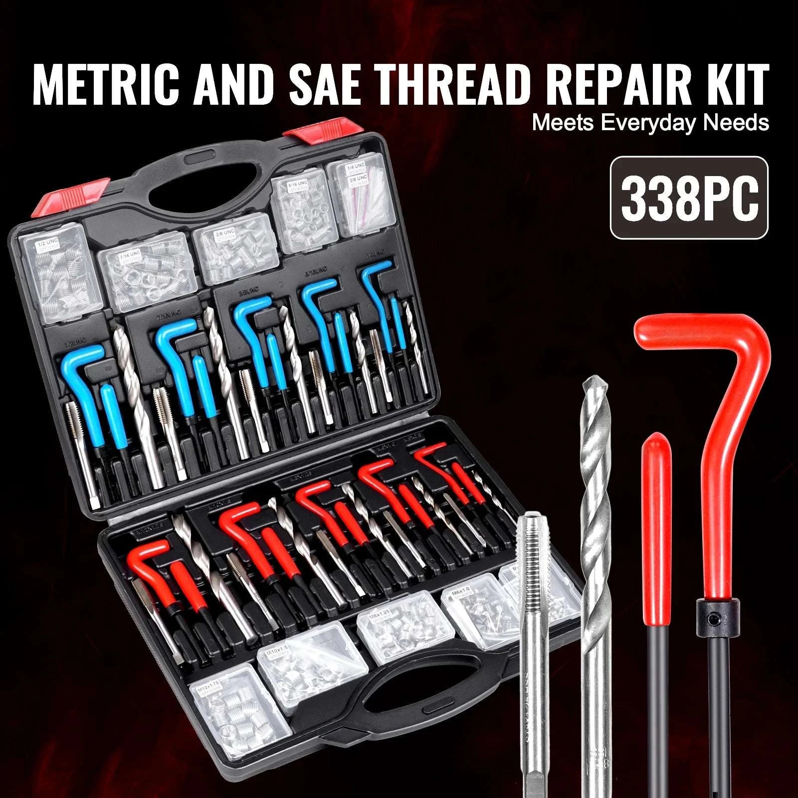 338PCS Helicoil Thread Repair Kit SAE & Metric Drill Tap Set-338 pcs / United States