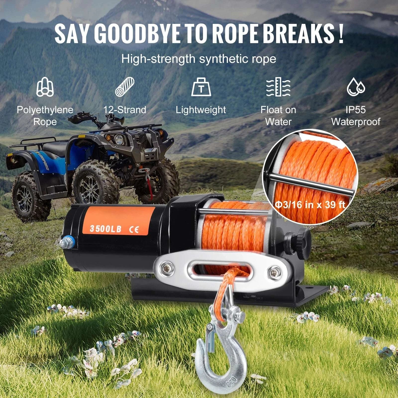 3500 lbs Electric ATV Winch with 39 ft Synthetic Rope & Wired Control-3500lbs / United States
