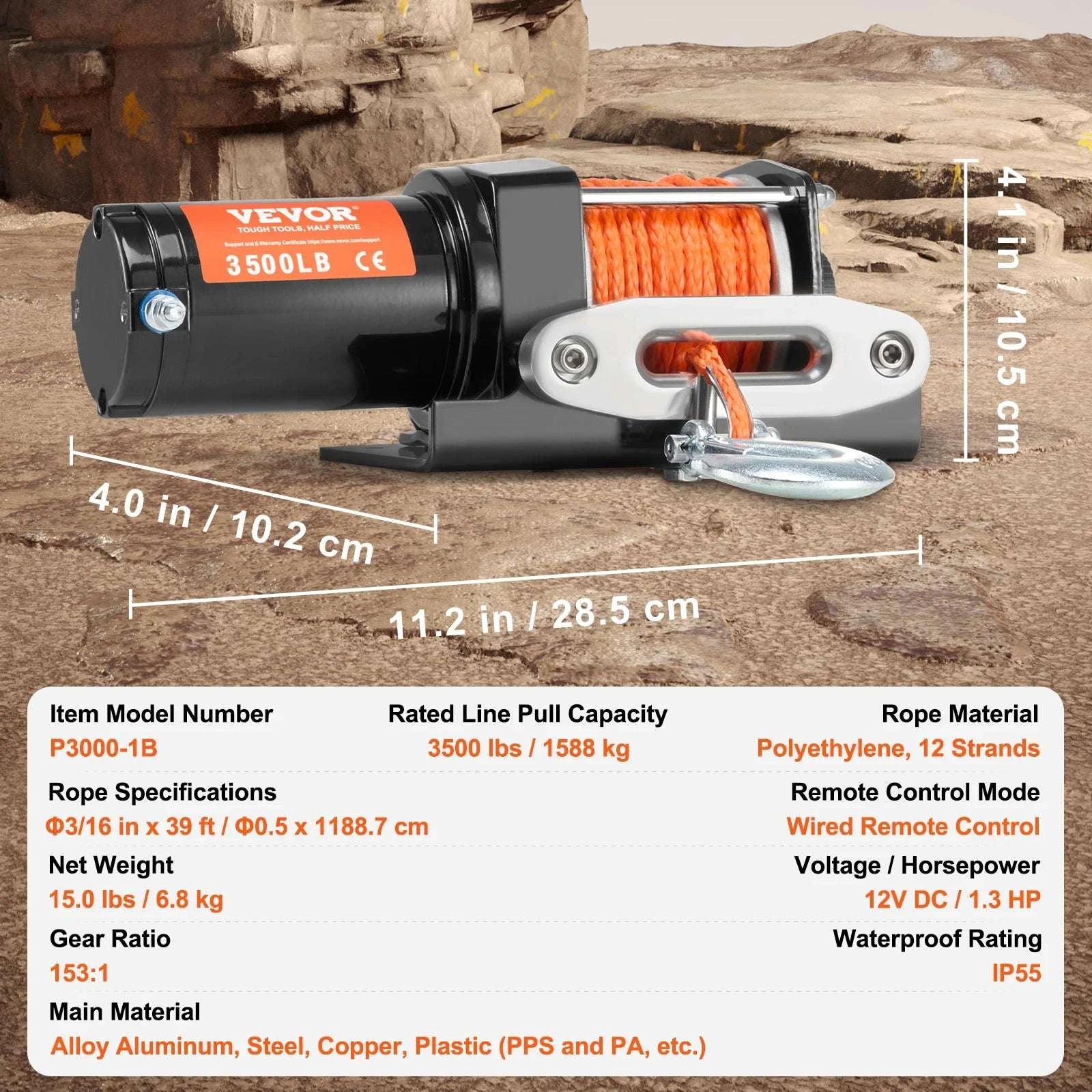 3500 lbs Electric ATV Winch with 39 ft Synthetic Rope & Wired Control-3500lbs / United States