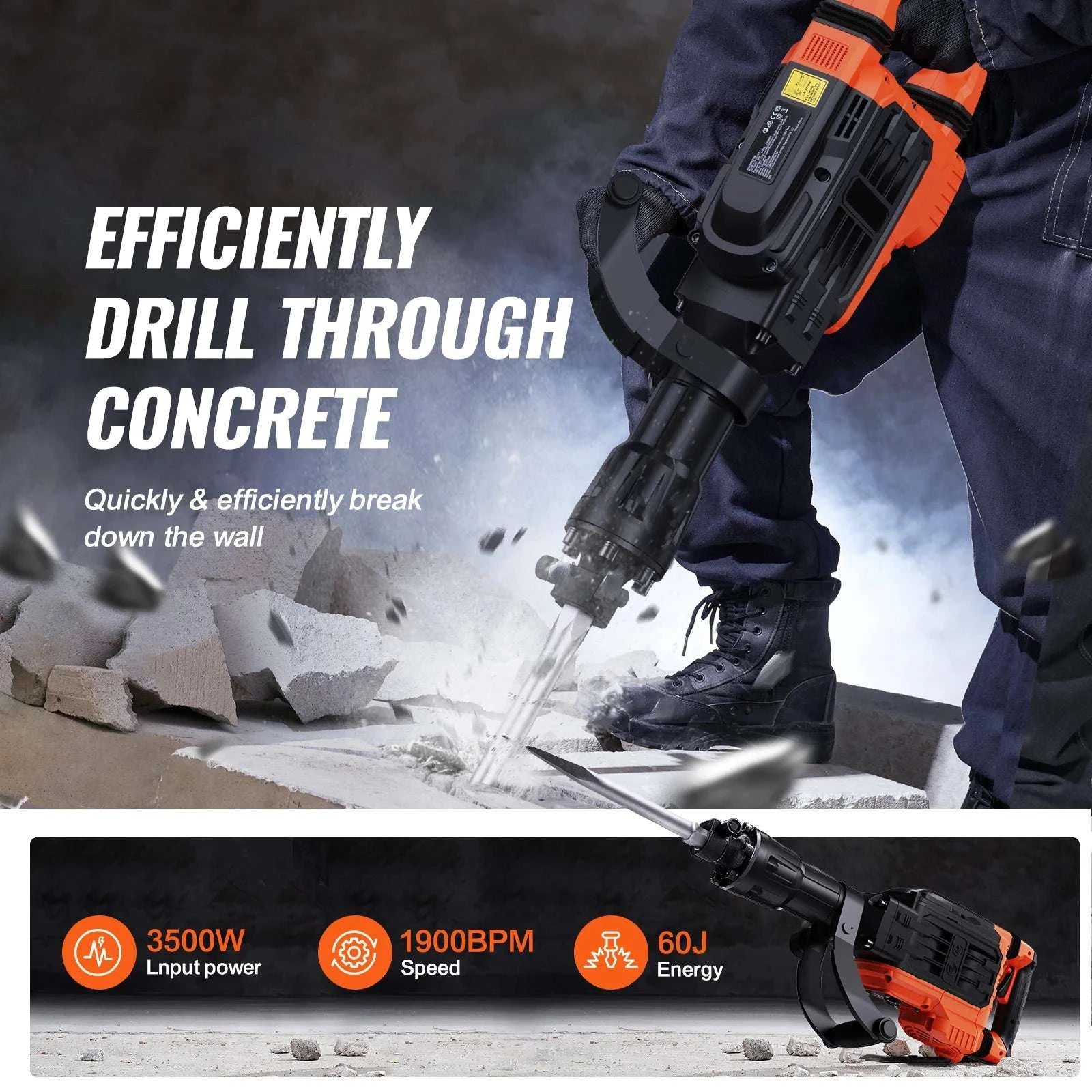 3500W Electric Jack Hammer 60J Concrete Breaker with Chisels-3500W / United States