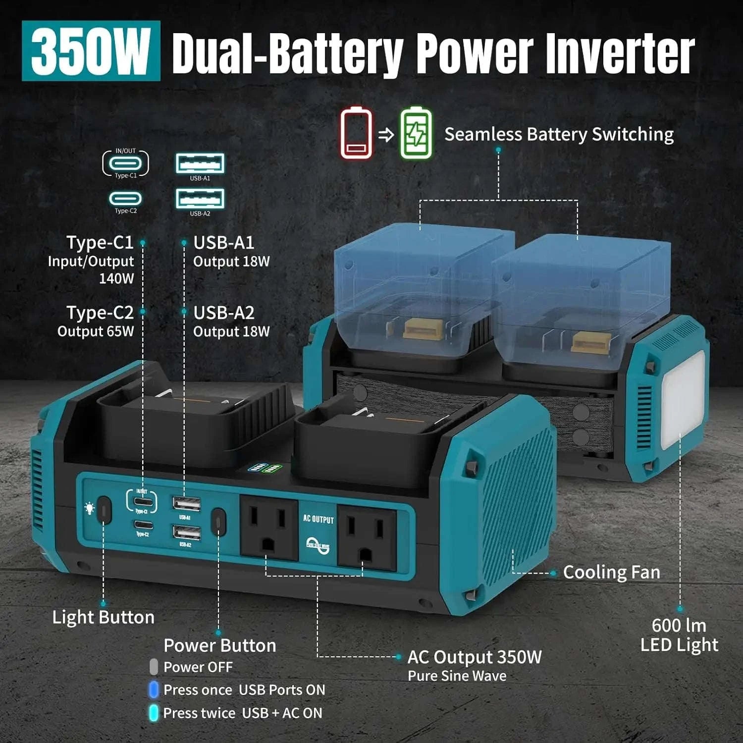 350W Pure Sine Wave Battery Inverter for Makita 18V-1pc / United States