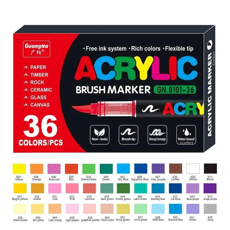 36-Color Acrylic Marker Pens Set with Brush Nib-12 Colors
