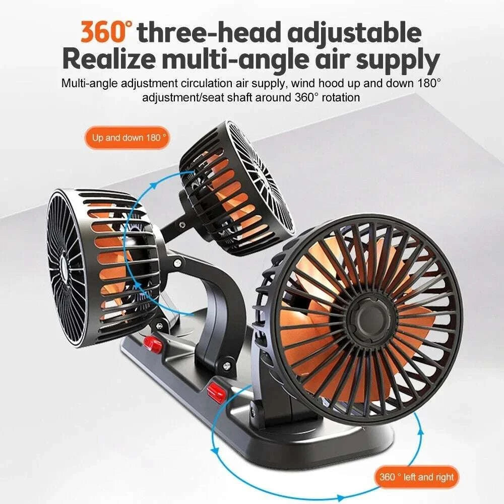 360° Adjustable Dual Head Car Fan with USB & 12V/24V Power-United States / 2 Head 12V Car cigar